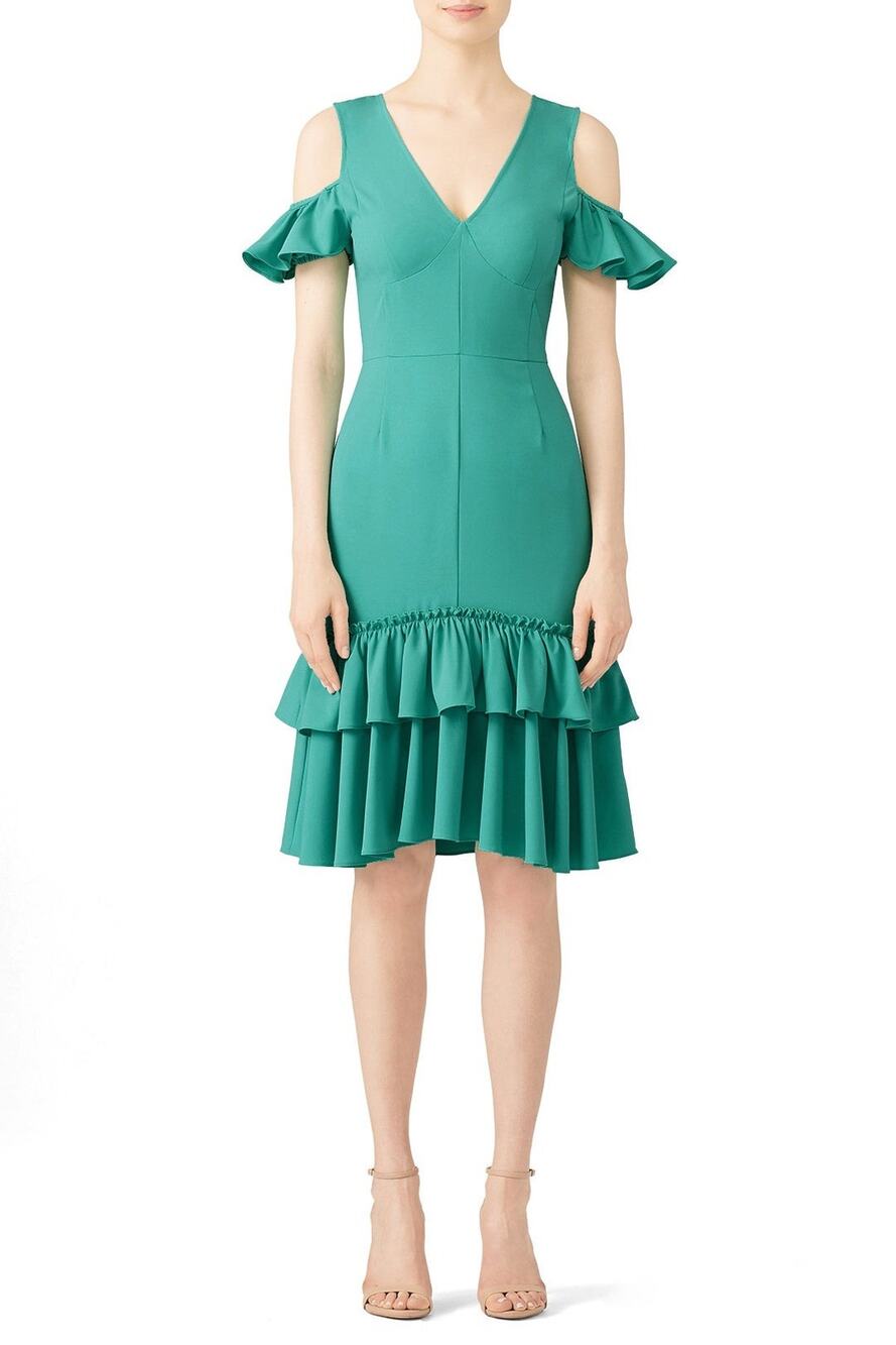 NWT Tome Teal Mermaid Cold Shoulder Ruffle Skirt Cocktail Midi Dress Size 4